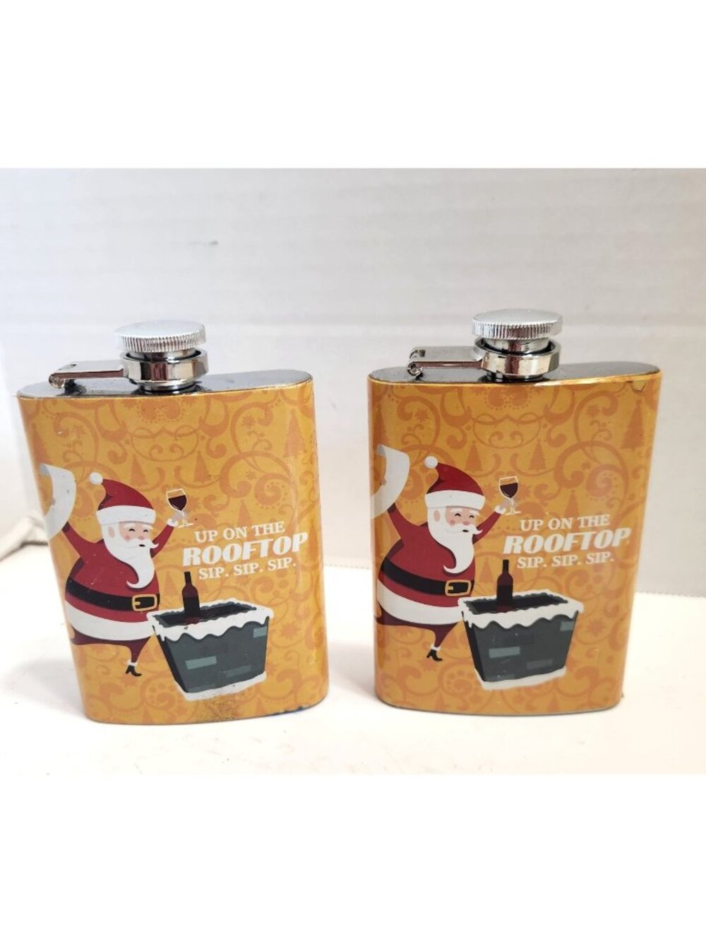 Up On The Rooftop Santa Stainless Steel Hip Flask Set of 2 4 oz Each